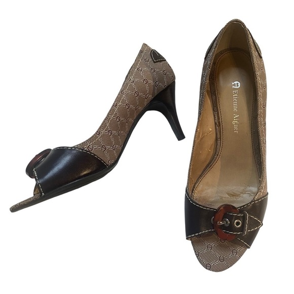Etienne Aigner Peep Toe Brown Heels Pumps Size 6.5 - Picture 2 of 13